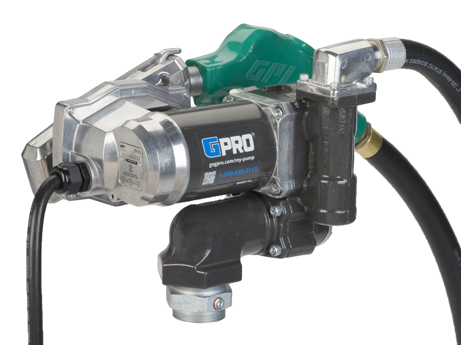 Electric pump GPI #V25-012AD (R666T-2-00), 12 volts, 95LPM (25GPM), automatic nozzle 1", hose 1"x18ft, telescopic suction pipe (15" @ 40") include