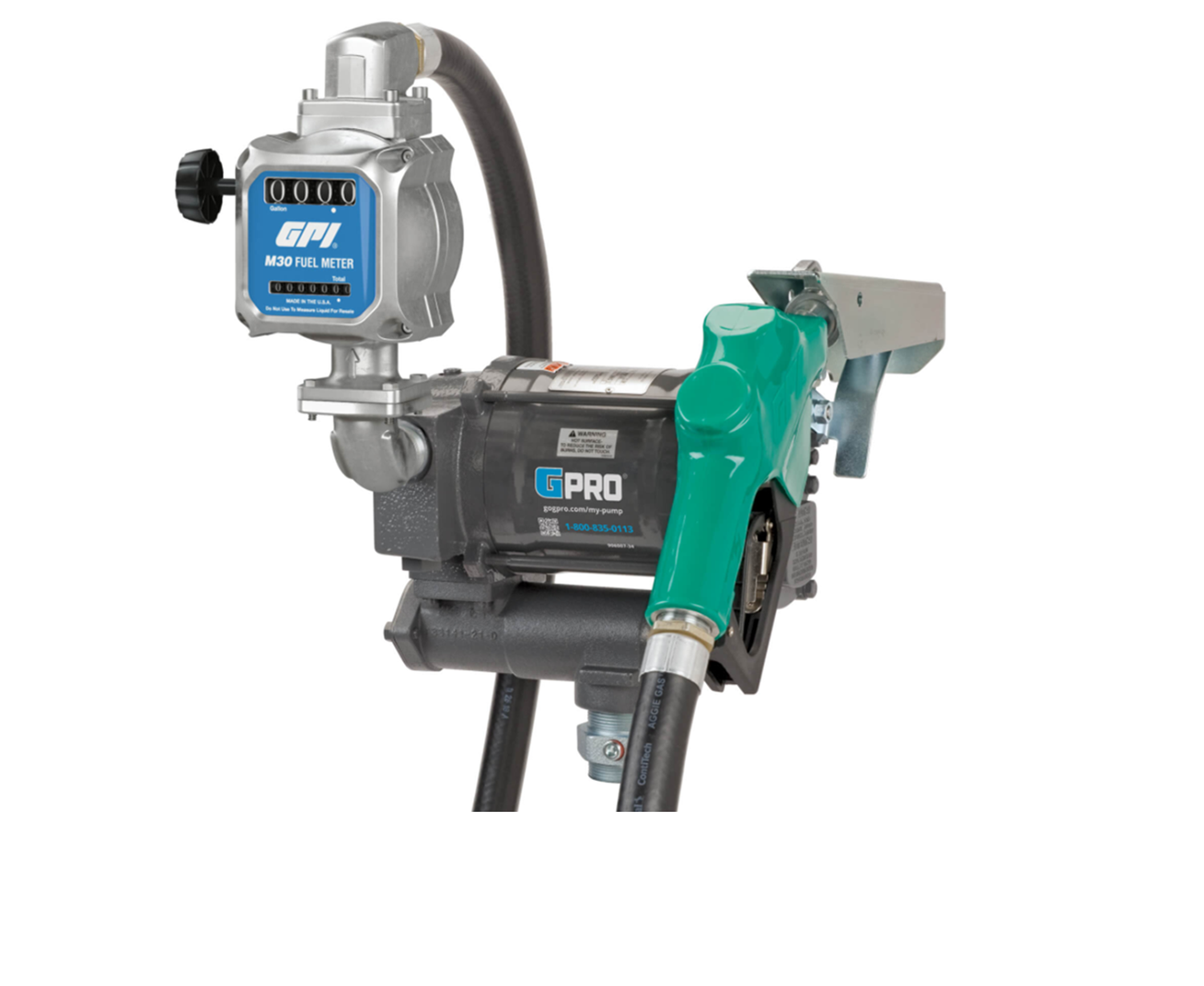 Electric pump GPI #PRO20-115AD/M30-L8N (R663Q-4-00), 110 volts, 76LPM (20GPM) with meter M30 display in litres, automatic nozzle 1", hose 1"x14ft, suction pipe not include